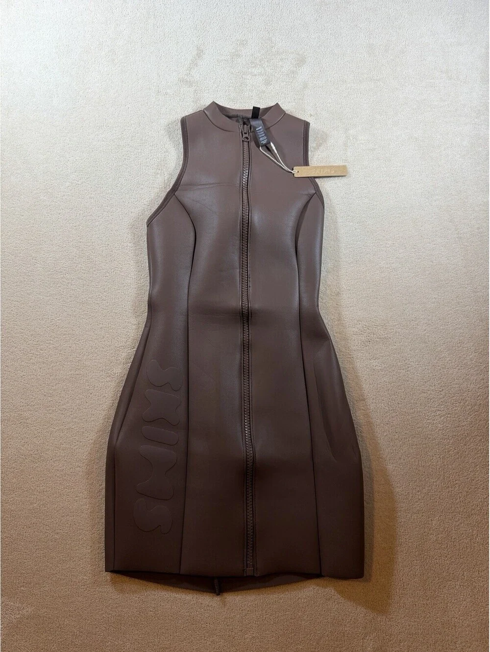 SKIMS XXS NWT Rubberized Scuba Swim Mock Neck Dress Cocoa Brown Zip Front